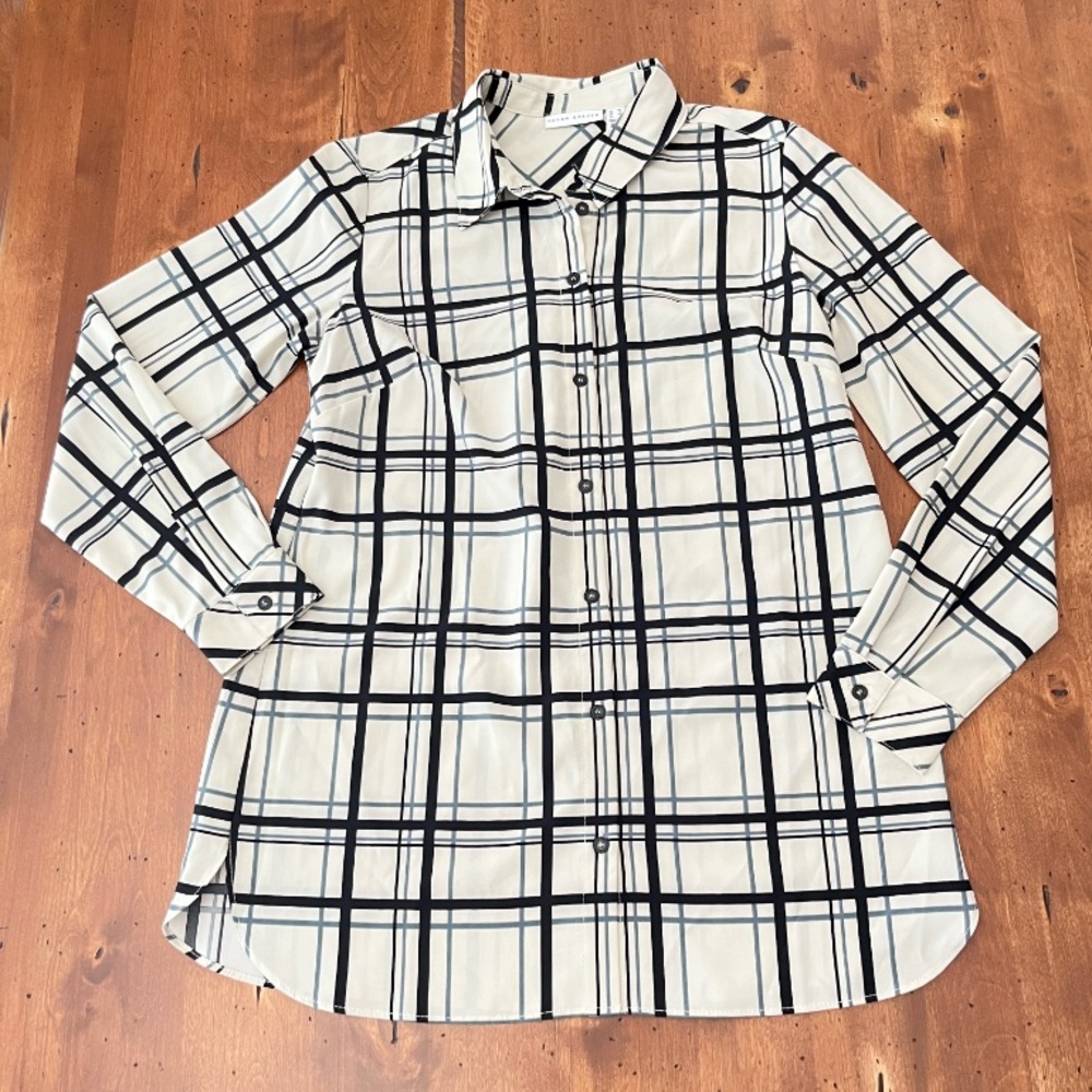 Susan Graver Ivory and Blue Plaid Button Down‎ Blouse